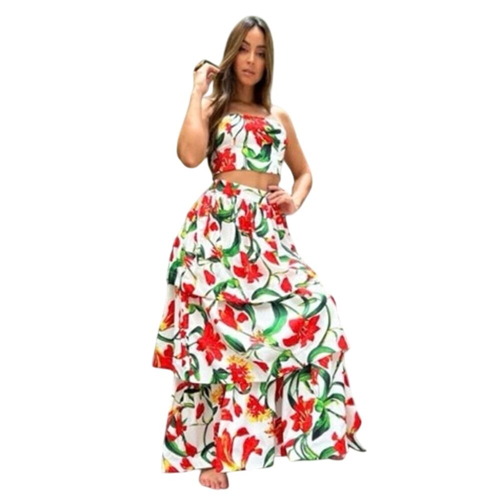 Maxi floral resort summer Skirt and Top Set Sz L New NWT